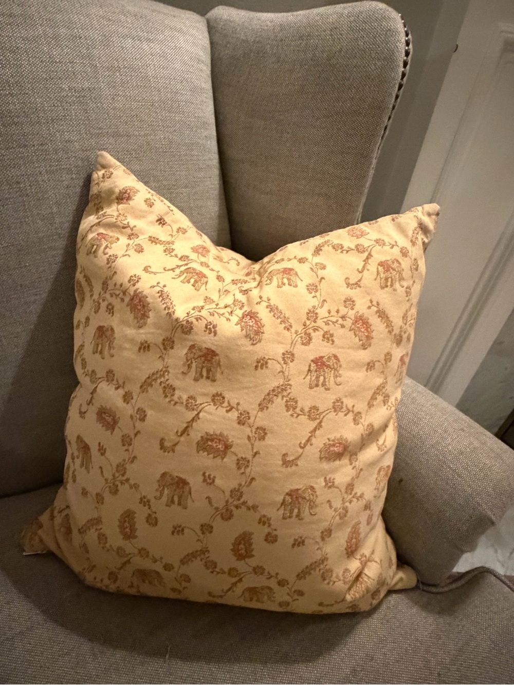 Neutral Beige Elephant Print Down Filled Throw Pillow 18x18